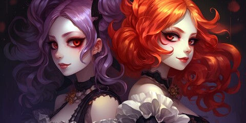 Naklejka premium Mysterious fantasy women with vibrant hair and piercing eyes