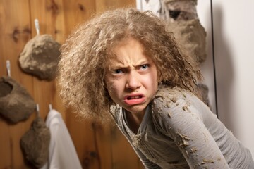 Frustrated young woman with messy curly hair - obrazy, fototapety, plakaty
