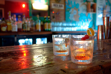Two whiskey glasses glisten under the bar lights, filled with ice and spirits, waiting to be enjoyed in a lively bar setting