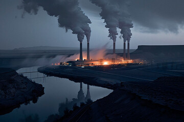 An industrial landscape with smokestacks billowing pollution into the dusk sky, highlighting environmental concerns and energy issues