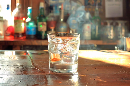 A single whiskey glass sits on a wooden bar, illuminated by the warm glow of sunlight, showcasing a tranquil, inviting ambiance