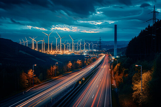 Long exposure shot capturing the motion of traffic on a highway with wind turbines and illuminated infrastructure at twilight
