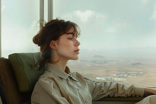 The image displays a woman looking through a large window at a vast mountainous landscape, representing wanderlust and the yearning for nature