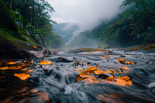 A captivating landscape showcasing a flowing river amidst lush tropical foliage with vibrant orange leaves in the foreground