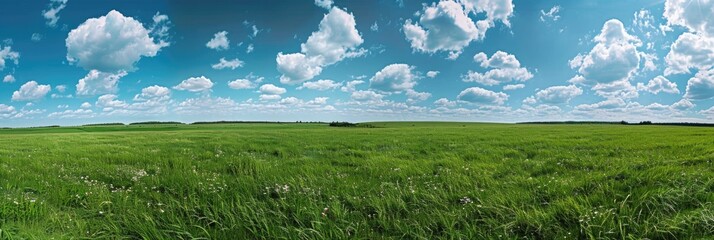 Pasture Grass. Panoramic Summer Landscape of Green Field and Sky with Clouds