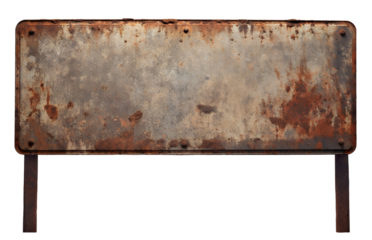 Weathered and rusty metal signboard mounted on two poles, cut out