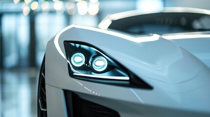 Car White. Closeup Front View of Modern Vehicle with Light Technology Design