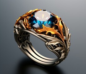Ornate golden ring with large blue gemstone