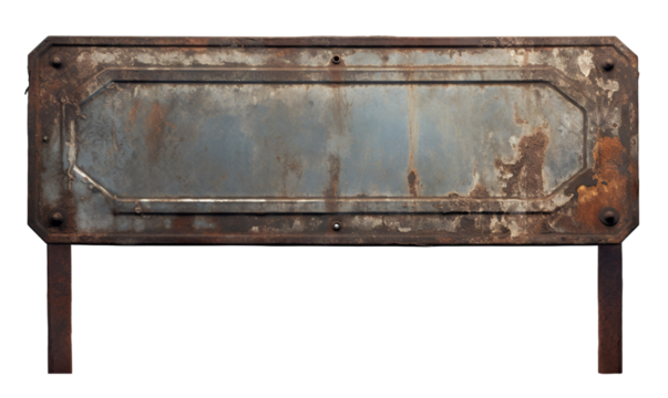 Weathered and rusty metal signboard mounted on two poles, cut out