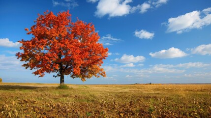 Brightly colored fall tree standing alone in a deserted field