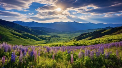 Breathtaking mountain landscape with lush green meadows and vibrant wildflowers