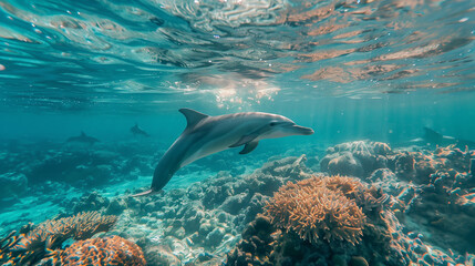 Obraz premium A pod of dolphins swimming in a clear, turquoise ocean, with a lone dolphin breaking the surface as it leaps gracefully into the air. The dolphins follow a natural coral reef path that leads to deeper