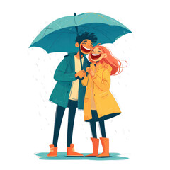 illustration of a smiling young couple holding a blue umbrella isolated on transparent background