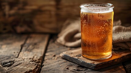 a glass of kombucha with a visible scoby, sharply detailed and perfectly centered with a rustic background.