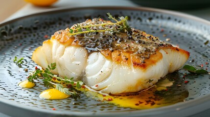  a serving of baked cod with lemon butter sauce, detailed and beautifully centered on a simple plate. 