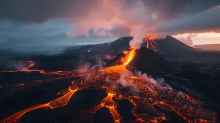 The fierce beauty of an active volcano in Iceland,with streams of red lava flowing intothe surrounding black sand and smoke plumes