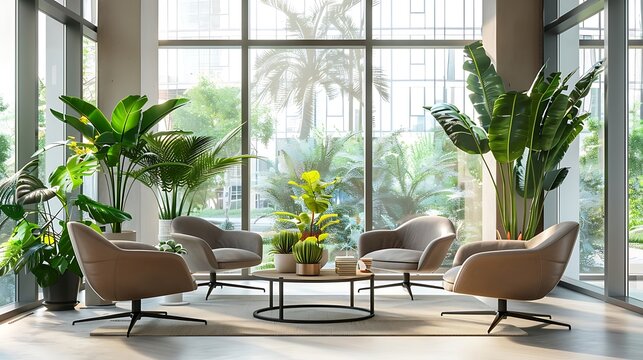 Modern Coworking Lounge: Comfortable Armchairs, Green Plants, Workspace