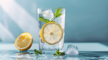  a glass of detox water infused with lemon and mint, perfectly centered against a light blue backdrop. 