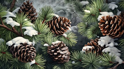 Fototapeta premium Festive pine cones and snowy evergreen branches