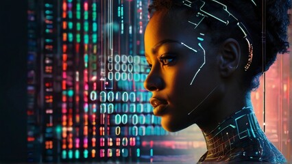 AI cyber security threat illustration, black african american female IT specialist analysing data information technology, augmented reality artificial intelligence collage, side profile,