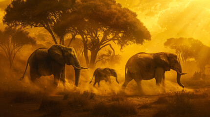 Fototapeta premium elefants in the savannah, swirled dust