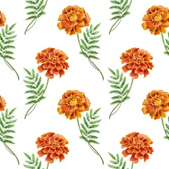 Marigold. Seamless pattern. Watercolor illustration isolated on white background. Halloween cards, wrapping paper, textiles, fabric, covers, wallpaper