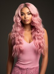 Naklejka premium beautiful woman with long pink curly hair