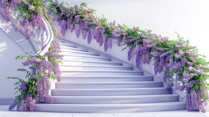 A staircase with purple flowers on it