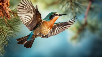 Fototapeta premium Colorful bird in flight with wings spread