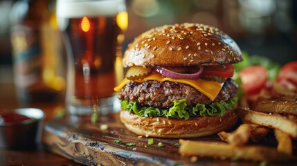 Delicious burger combo with refreshing beer and crispy fries on a wooden table