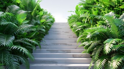 A staircase is surrounded by lush green plants, creating a serene - Powered by Adobe