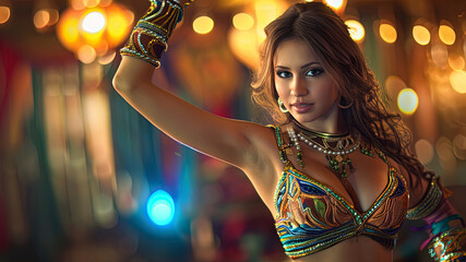close up of a belly dancer, belly dancer in studio, arabian dancer on cool background