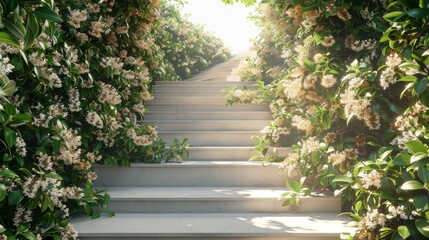 A staircase is surrounded by a lush green bush