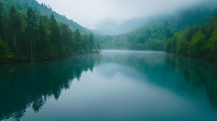 Naklejka premium Surrounded by lush pine forests, a serene mountain lake greets the dawn, with mist hovering over the calm, crystal-clear water, reflecting vivid colors.