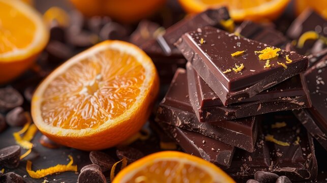 Gourmet dark chocolate with citrus zest on a backdrop of fresh oranges