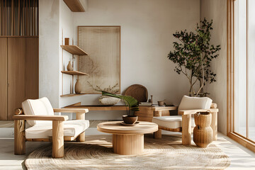 Home interior mock up, cozy modern room with natural wooden furniture. Modern interior design