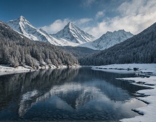 Experience the tranquility of a mountain lake landscape in winter, with snow covering the surrounding peaks.
