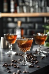 Elegant coffee cocktails in sophisticated glassware on a bar top