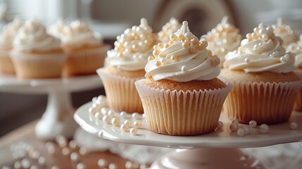 Elegant cupcakes with creamy topping and edible pearls on a stand