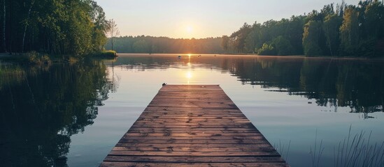 Panoramic of wooden dock overlooking a lake at sunset. generative AI image