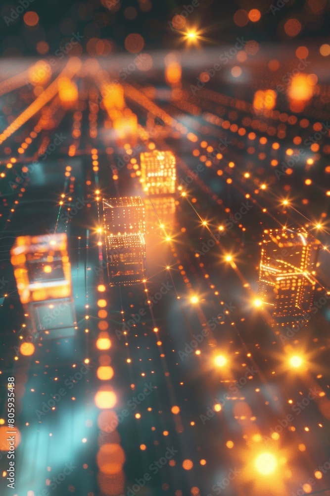 Poster a dynamic wireframe visualization of network traffic, data packets represented by small, glowing cub