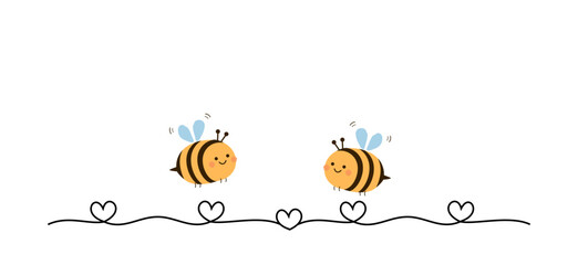 Bee cartoons and heart line isolated on white background vector. Cute wall art decoration.