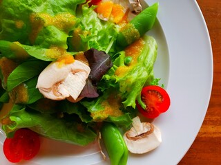 Close up of fresh vegetable mushroom salad for lunch in the restaurant