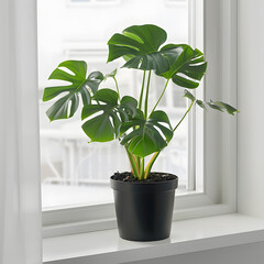 A potted plant on a windowsill isolated on white background, space for captions, png
