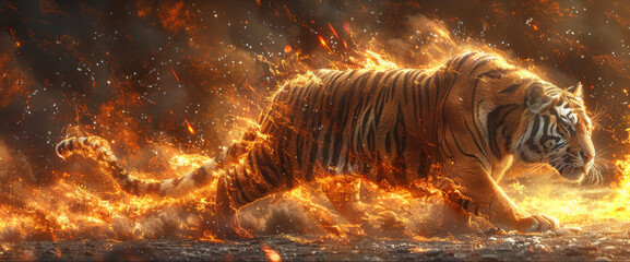 Generative ai illustration of a flaming tiger against black background