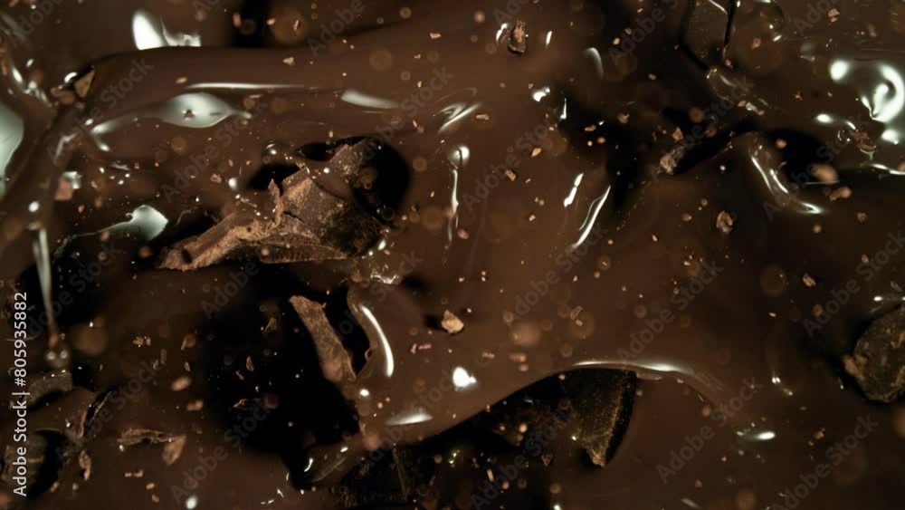 Poster Super Slow Motion of Falling Group of Chocolate Chunks. Moving Down and Splashing into Melted Chocolate. Filmed on High Speed Cinema Camera, 1000fps.