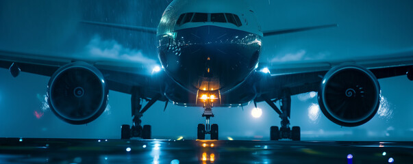 Commercial airplane on runway in dramatic night lighting.