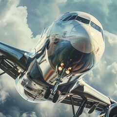 Fototapeta premium Commercial airplane descending against a cloudy sky.