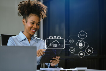 Hand touching Secure Access Service Edge icon on smartphone virtual screen background, password, network, framework and support technology in office. SASE secure access service edge concept.