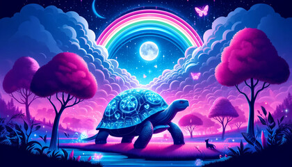 Neon-hued turtle set within a fantastical landscape filled with rainbows